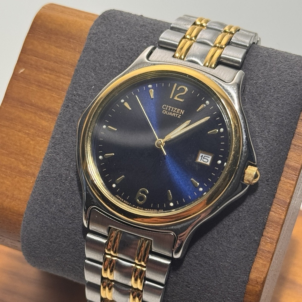 Citizen Watch Men 35mm Blue Dial Two Tone Date Round 6110-S41987 NEW BATTERY